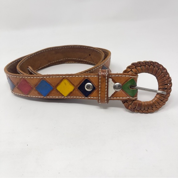 Vintage Leather Belt with Colorful Geometric Inlay & Statement Buckle - Picture 3 of 7